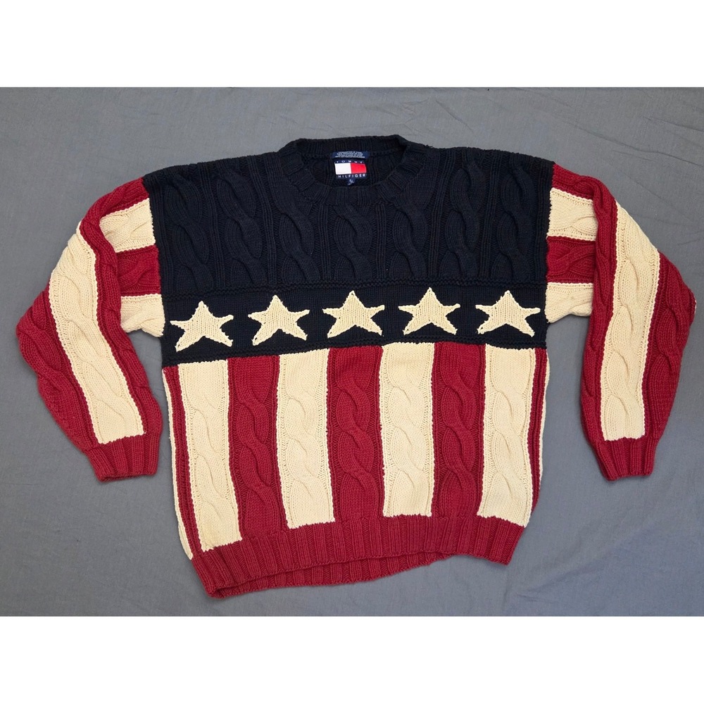 VTG 90s Tommy Hilfiger Patriotic US Flag Heavy Cable Knit Pullover Jumper Small